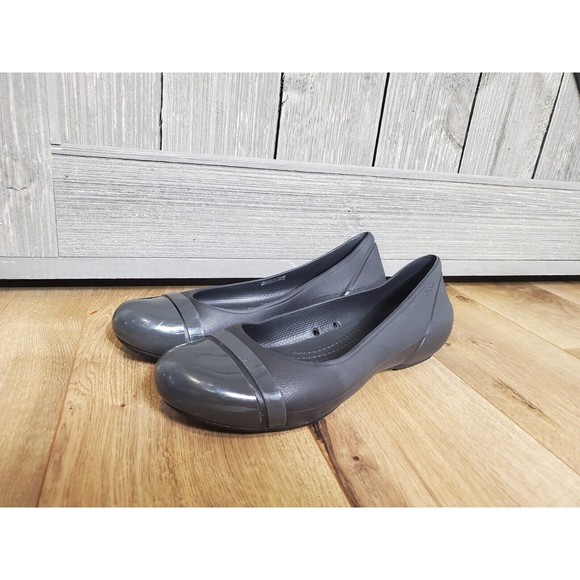 Crocs Cap Toe Ballet Flats Size 10 Womens Solid Black Slip On Shoes Waterproof - Picture 1 of 6